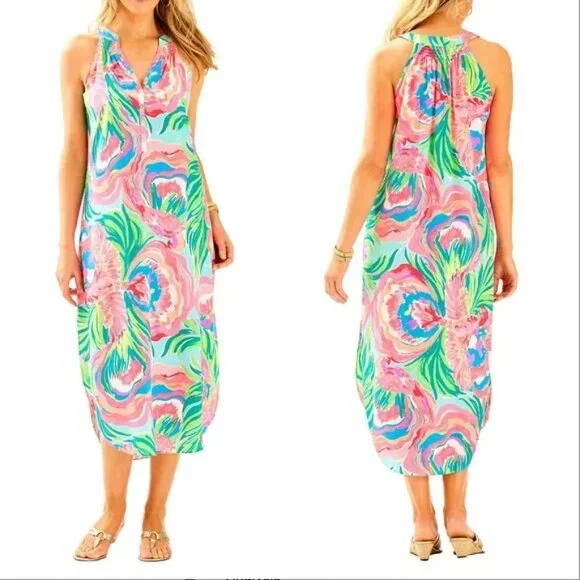 Lilly Pulitzer Bailey Silk Midi Dress - Serene Blue Paradise Bound | XL - Picture 1 of 6